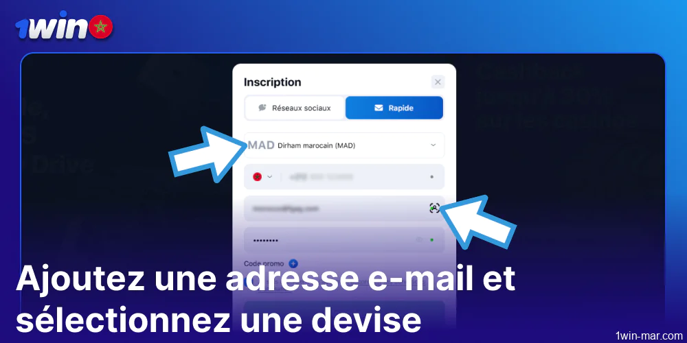 Ajouter une adresse e-mail et sélectionner la devise sur 1win