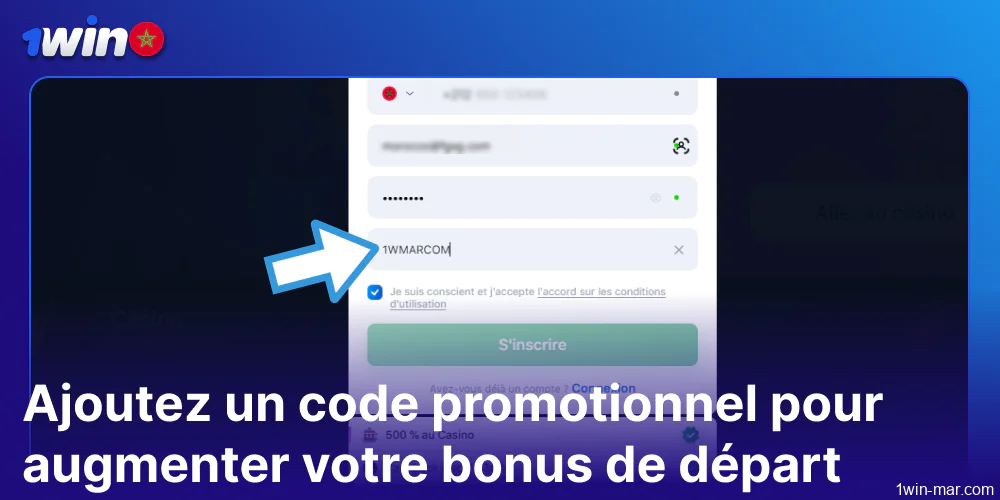 Ajoutez le code promo pour augmenter votre bonus de départ sur 1win