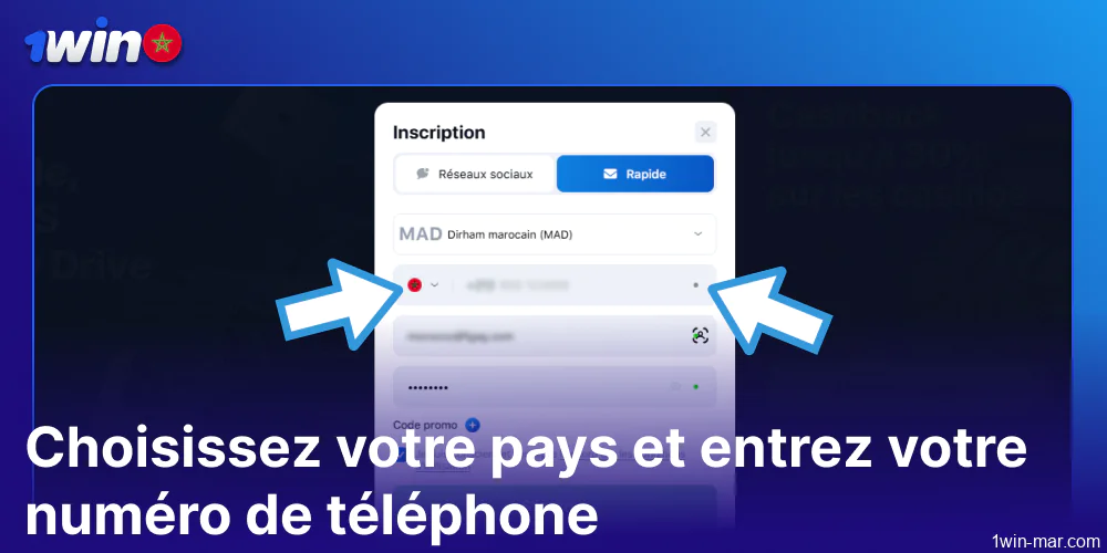 Choisissez votre pays et saisissez votre numéro de téléphone sur 1win