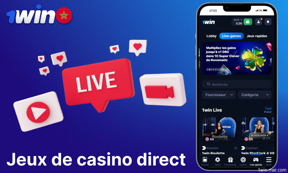 Jeux de casino en direct disponibles sur 1win pour les joueurs du Maroc