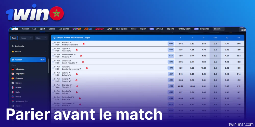 Options de paris d'avant match disponibles sur 1win Morocco