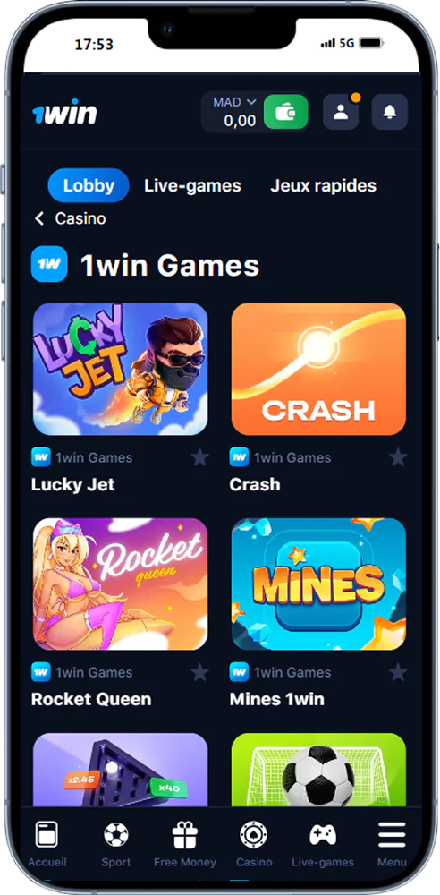 Les jeux du casino 1win disponibles dans l'application mobile